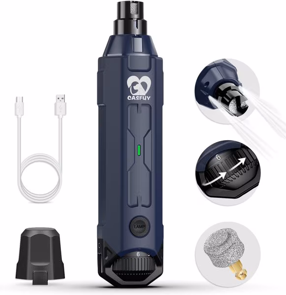 Casfuy Upgraded Quiet 6 Speed Electric Dog & Cat Nail Grinder with 2 LED Lights, Blue